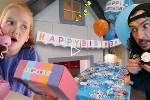 ADLEY plans a BiRTHDAY PARTY!!  Delivery Dad has new surprises for YOU!  bday merch and tumbling mat